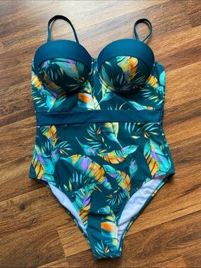 NWT Cupshe one piece bathing suit strap/ strapless Sz L Teal with leaves